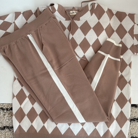 Favorite Girl knitted 2 piece khaki hooded sweater pocket harem pants w stripe - Picture 16 of 16